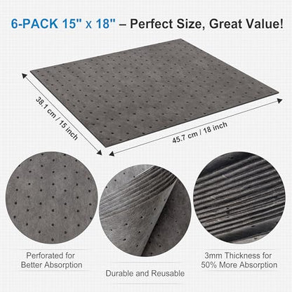 AAwipes Oil Absorbent Pads Mat 15" X 18" 6 Packs Pre-Grade Universal Pads Absorbs All Liquids 3MM Thicker More Absorption for Garage, Car, Truck, Motorcycle - Grey OG1518-6S - size: 15"X18" 6PCS Grey
