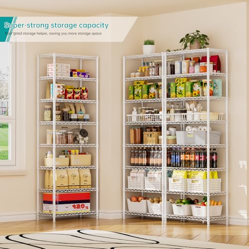 SINGAYE 8 Shelves Storage Wire Shelf Closet Metal Shelving Pantry Wheels - color: White, size: 8Tier/12"D X 22"W X 74"H