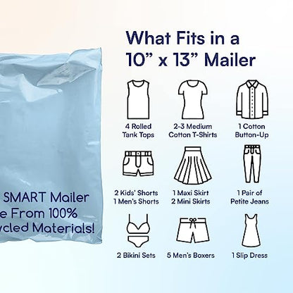 100 Count, 10x13 inch 100% Recycled Poly Mailers Eco Friendly Packaging Envelopes Supplies Mailing Bags 2.5 Mil Thick - SMART Mailer - size: 10"x13" (100 Mailers)