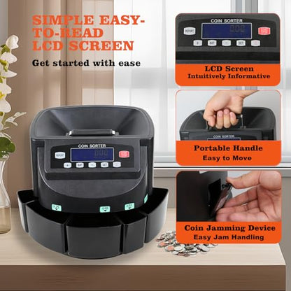 T9500A Professional USD Coin Counter, Sorter, Coin Counting Machine, Automatically Sorts and Counts Coin Batches, 270 Coins/min