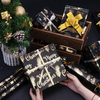 Larcencie Christmas Gift Wrapping Paper Roll w/Gift Bow Sticker, 3 Rolls 17" x 118" Each, Metallic Black and Gold Holiday Wrapping Paper, Snowflake Reindeer Design for Xmas, Winter, Nightmare New Year - color: Black And Gold