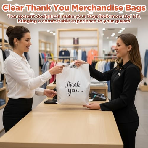 200 Pcs Thank You Gift Bags, Plastic Merchandise Bags with Die Cut Handles, Clear Shopping Bag Bulk Packaging for Small Business Retail Boutique Stores Gifts (10 x 13.6 Inch)