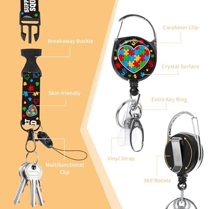 Autism Support Lanyard with ID Badge Holder and Retractable Badge Reel - color: Autism Puzzle Heart