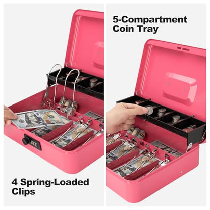 Cash Box with Combination Lock & Foam Auto-Pop Coin Tray – Secure Steel Money Box with 4 Upgraded Finger-Safe Bill Clips, Premium Smooth Scratch-Resistant Coating, 11.8", Combo Hot Pink - color: Combo Hot Pink
