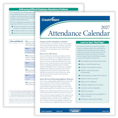 ComplyRight 2027 Attendance Calendar Card, White, Pack of 50 - size: 50 Pack, style: Attendance Calendar Card