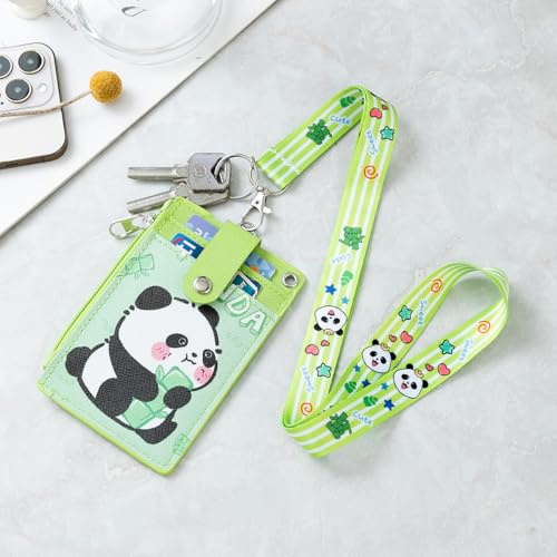Cute ID Badge Holder with Lanyard, PU Leather Wallet & Key Ring (Green) - color: Panda-green