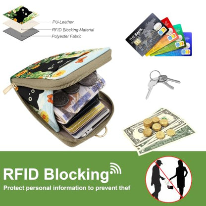 Black Cat Lanyard Wallet with ID Badge Holder PU Leathe RFID Small Keychain Wallet Women Wristlet Lanyard Wrist Strap, RFID Blocking for Office School Business Security Staff Women - color: Black Cat Flowers