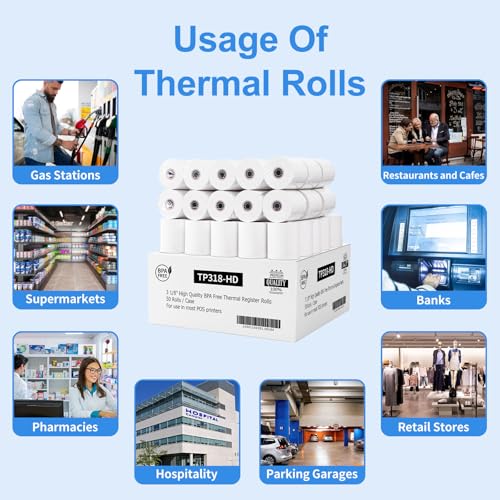 3 1/8 x 3" Diameter Thermal Paper Receipt Rolls (50 Pack) 80 GSM, BPA Free Receipt Paper Compatible with Most POS Systems, Cash Registers, Thermal Receipt Rolls