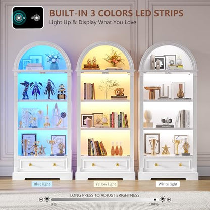 Arched Display Cabinet with Glass Doors, 72" Tall Curio Cabinet with Human Sensor Lights, 4-Tier Display Case for Collectibles Bookcase Living Room - color: White
