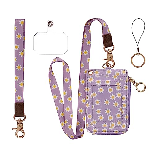 MONDO DESIGNS 2-in-1 ID Badge Holder & Lanyard Wallet - Multi-Use Womens Small Wallet with Removable Wristlet & Neck Lanyard, Clear Window, 5 Card Slots, Phone Holder, Ring Keychain - Purple Daisies - color: Purple Daisies