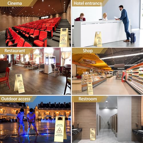 LEIFIDE 1 Pcs Wet Floor Signs, Bilingual Stainless Steel,Gold - color: Gold