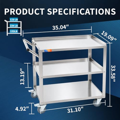 Treshin 3 Tier Stainless Steel Utility Cart, 19" W x 31.1" L x 33.58" H - color: 3 Tier Utility Cart, size: 19" W x 31.1" L x 33.58" H