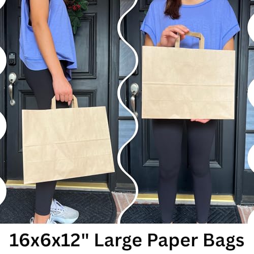 Large Paper Bags with Handles - 300 Pcs 16x6x12 Kraft Paper Bags, Kraft Shopping Bags for To Go, Takeout, Retail, Brown Paper Bags - size: 16x6x12 inches (Pack of 300)