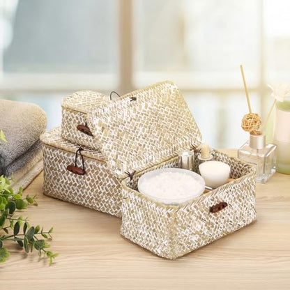 Hipiwe Wicker Shelf Basket Box Mini Seagrass Baskets with Lid,6.1"x4"x3.3" - color: Whitewash color, size: 6.1" x 4" x 3.3"