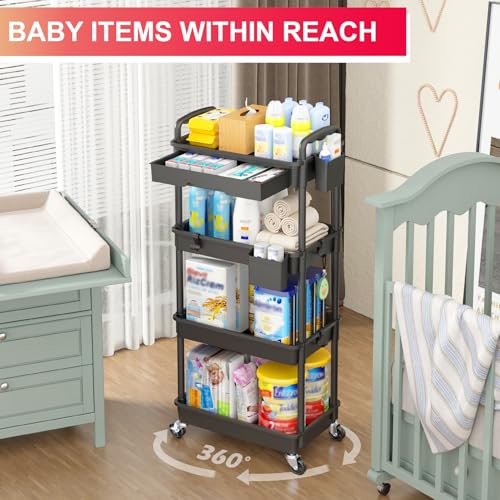 Goovilla 4 Tier Rolling Utility Cart Organizer with Removable Drawer, Black - size: 4 Tier, style: Black