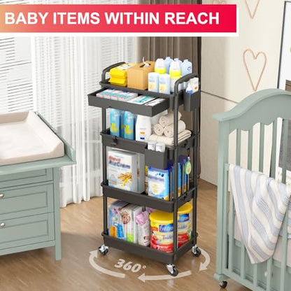 Goovilla 4 Tier Rolling Utility Cart Organizer with Removable Drawer, Black - size: 4 Tier, style: Black