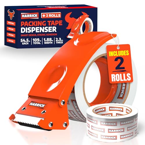 Clear Packing Tape with Dispenser 1.88 inch - Metal Strong & Durable Heavy Duty Packing Tape with Dispenser - Strong Strapping Tape with Dispenser Easy Tear & Seal - 2 Rolls / 1 Dispenser / 109 Yards - size: 109 yd