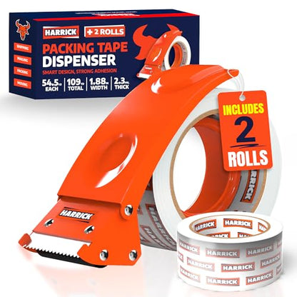 Clear Packing Tape with Dispenser 1.88 inch - Metal Strong & Durable Heavy Duty Packing Tape with Dispenser - Strong Strapping Tape with Dispenser Easy Tear & Seal - 2 Rolls / 1 Dispenser / 109 Yards - size: 109 yd