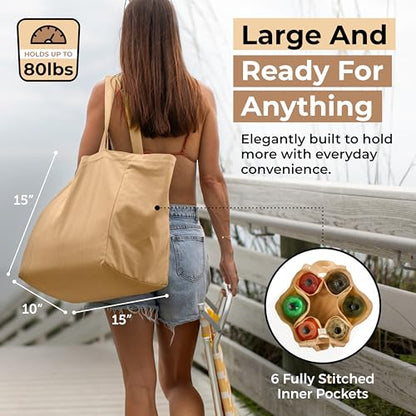 VeraMia Canvas Grocery Bag 3pc XL Set with Real Pockets, Long Shoulder Strap and Short Handle. Heavy Duty, Foldable, Washable - color: Paper Bag