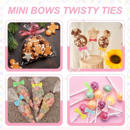 uxcell 50 Pcs Twist Tie Bows, 3.15" Mini Bows Twisty Ties with Small Cute Dots Satin Ribbon for Lollipop DIY Crafts Baked Food Treat Bag Package, Pink - color: Pink