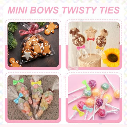 uxcell 50 Pcs Twist Tie Bows, 3.15" Mini Bows Twisty Ties with Small Cute Dots Satin Ribbon for Lollipop DIY Crafts Baked Food Treat Bag Package, Pink - color: Pink
