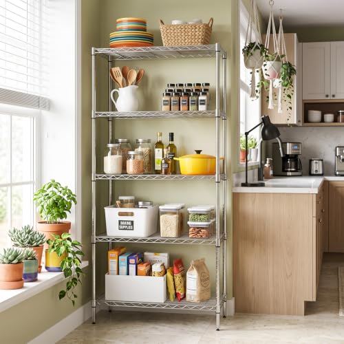 BestOffice | 5-Tier Wire Shelf with Wheels | 14" x 30" x 60" | Chrome - color: Chrome, size: 14"D x 30"W x 60"H