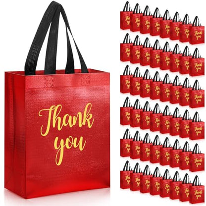 Fumete 50 Pcs Red Glossy Thank You Gift Bag with Handles - color: Red
