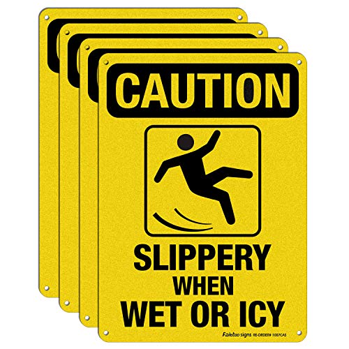 Caution Sign, Slippery When Wet or Icy Sign, (4 Pack) 10 x 7 Inches 0.40 Reflective Aluminum, UV Protected, Weather Resistant, Durable Ink, Easy to Mount - color: Yellow - 4 Pack