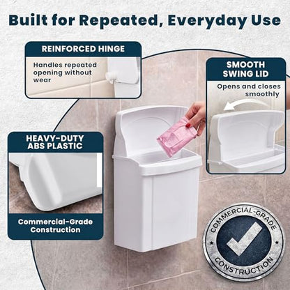 Alpine Sanitary Napkin Receptacle - Feminine Hygiene Disposal Container, Wall Mounted Trash Can with Odor Control Seal & Installation Hardware (White) - color: White