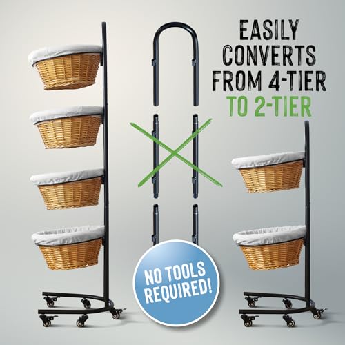 4 Tier Wicker Basket Display Stand for Retail with Wheels and Sign Clips