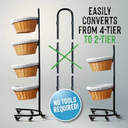 4 Tier Wicker Basket Display Stand for Retail with Wheels and Sign Clips