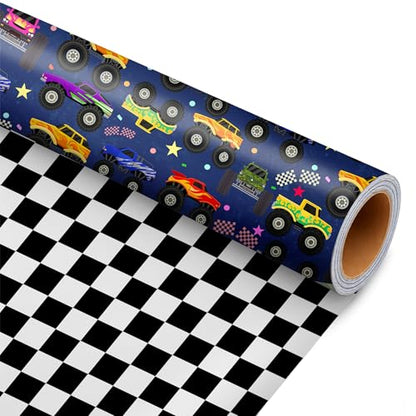 Cuitpan Monster Truck Wrapping Paper Roll - Holiday Gift Wrap Black & White Checkered Flag on Reverse - Perfect for Kids and Boys Birthdays Gift Wrapping - 17 Inches x 16.5 Feet (24 sq. ft) - color: Monster Truck-Blue