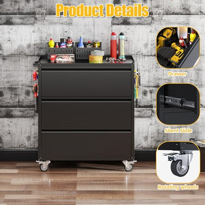 35.5" Rolling Tool Cabinet with 3 Drawers and Side Pegboards - color: Black, size: 18.1"D x 30.3"W x 35.5"H