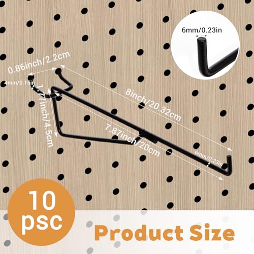 10-Pack Pegboard Shelf Hooks, 8" Black Metal Pegboard Shelf Brackets, Heavy Duty Peg Board Shelving Organizer Accessories for Garage Workshop Storage System