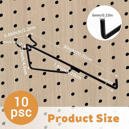 10-Pack Pegboard Shelf Hooks, 8" Black Metal Pegboard Shelf Brackets, Heavy Duty Peg Board Shelving Organizer Accessories for Garage Workshop Storage System