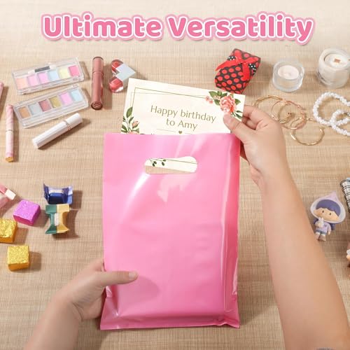 VieFantaisie 50 PCS Pink Party Favor Bags, 8" x 11" Goodie Bags for Candy Treat Craft Easter Egg, Plastic Gift Bag with Die Cut Handles for Birthday Party, School Events & Small Business, Wedding - color: Pink-50PCS-8x11Inch