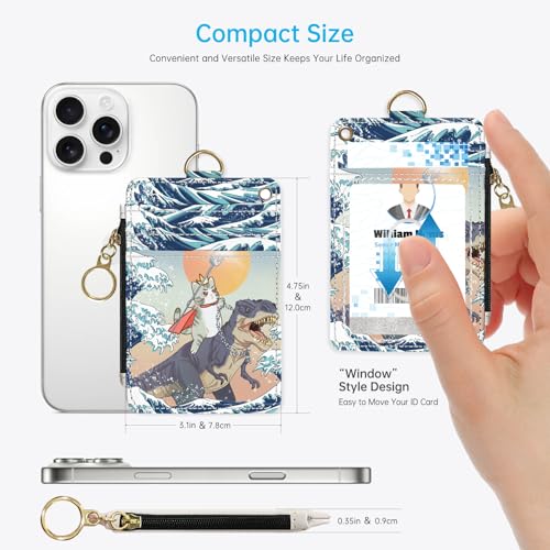 2-in-1 ID Badge Holder & Lanyard Wallet，Cute Zippered Pouch Dinosaur Cat - color: Funny Surfing Cat Riding Dinosaur
