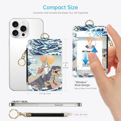 2-in-1 ID Badge Holder & Lanyard Wallet，Cute Zippered Pouch Dinosaur Cat - color: Funny Surfing Cat Riding Dinosaur