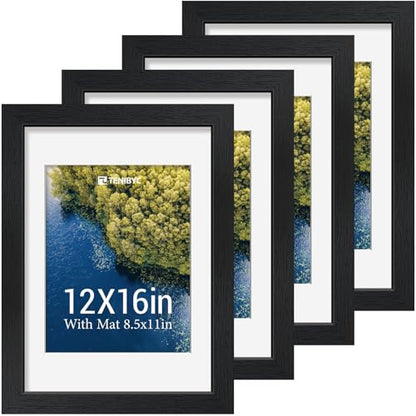 12x16 Picture Frame 4 Pack, 8.5x11 Mat, Black Wood, Glass - color: Black, size: 12 X 16