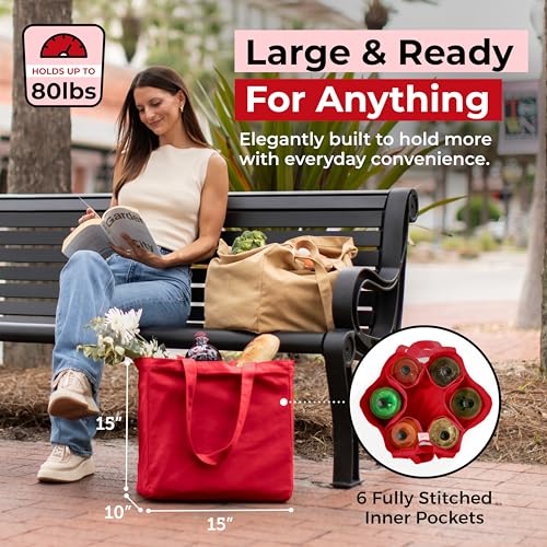 VeraMia Canvas Grocery Bag 3pc XL Set with Real Pockets, Long Shoulder Strap and Short Handle. Heavy Duty, Foldable, Washable - color: Cranberry