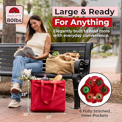 VeraMia Canvas Grocery Bag 3pc XL Set with Real Pockets, Long Shoulder Strap and Short Handle. Heavy Duty, Foldable, Washable - color: Cranberry