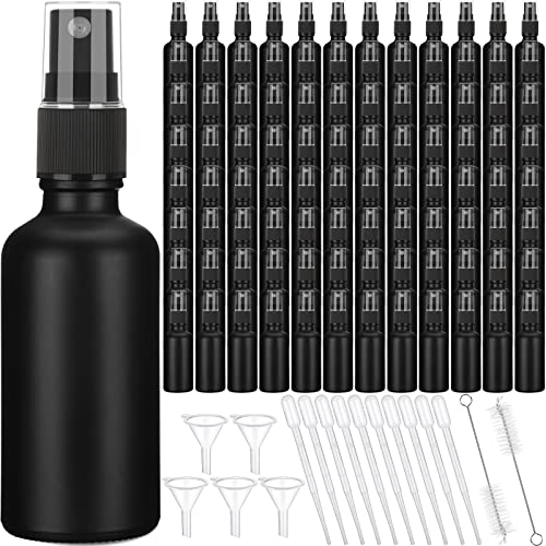Nuogo 100 Pcs 2 Oz Glass Spray Bottles, Fine Mist Spray Bottle Refillable Cosmetic Bottles Empty Small Bottle with 10 Droppers, 5 Funnels, 2 Brushes for Essential Oil Cleaning Solutions(Black) - color: Black