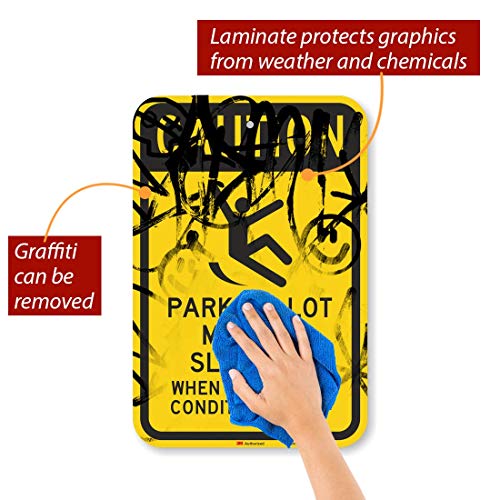 SmartSign 18 x 12 inch “Caution - Parking Lot May Be Slippery When Icy Or Wet Conditions Exist” Metal Sign, 63 mil Aluminum, 3M Laminated Diamond Grade Reflective Material, Black and Yellow, USA-Made - color: 12" x 18" DG Reflective Aluminum