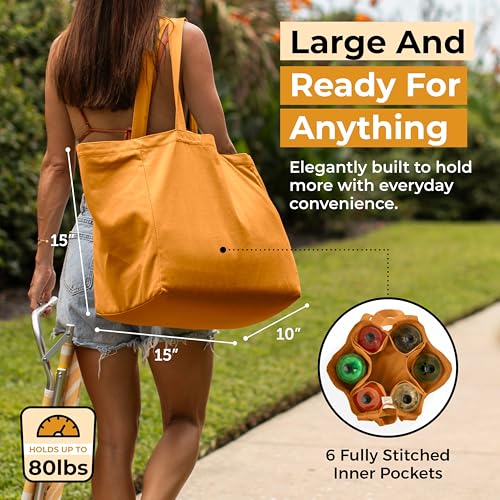 VeraMia Canvas Grocery Bag 3pc XL Set with Real Pockets, Long Shoulder Strap and Short Handle. Heavy Duty, Foldable, Washable - color: Butterscotch