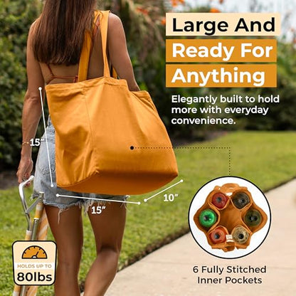 VeraMia Canvas Grocery Bag 3pc XL Set with Real Pockets, Long Shoulder Strap and Short Handle. Heavy Duty, Foldable, Washable - color: Butterscotch