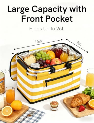 26L Insulated Picnic Basket,Collapsible Leak-Proof Bag,Yellow - color: Sunshine Yellow, size: 26L