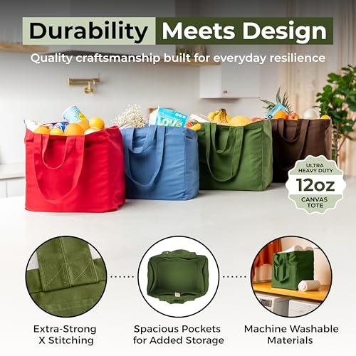 VeraMia Canvas Grocery Bag 3pc XL Set with Real Pockets, Long Shoulder Strap and Short Handle. Heavy Duty, Foldable, Washable - color: Forest