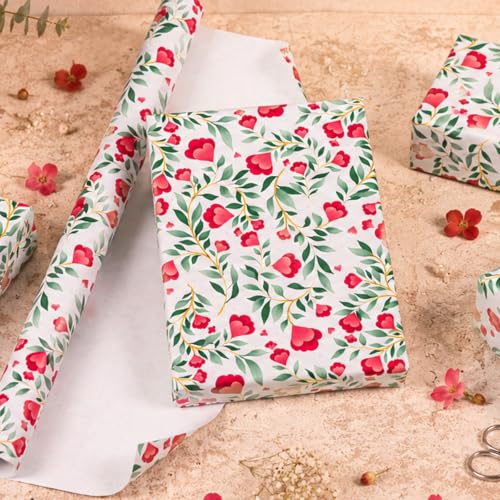 Burymento Floral Gift Wrapping Paper Roll for Women Girls - color: White - Red Floral