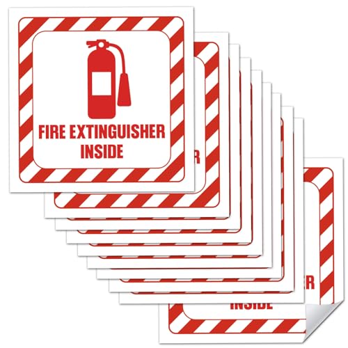 10 Pcs Fire Extinguisher Inside Sign Sticker, Vinyl Safety Signs Decals for Trucks, Cabinets or Equipment, 2.75" x 2.75" Self Adhesive, Weatherproof & UV Protected