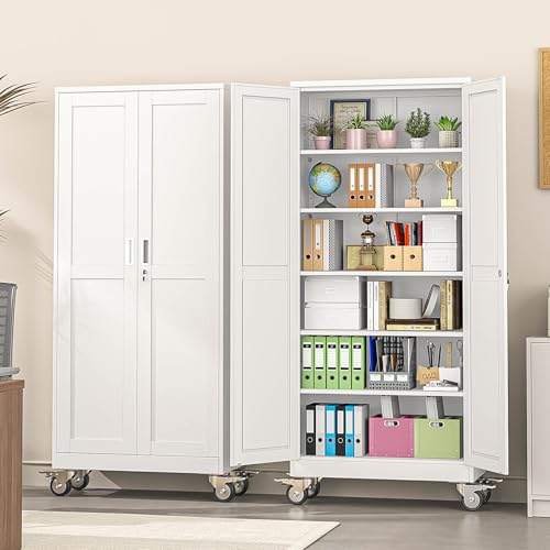 pozdeg 75" White Lockable Rolling Metal Garage Storage Cabinet - color: White, size: 15.75"D x 31.5"W x 75"H